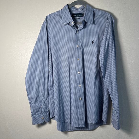 Ralph Lauren Custom Fit - Mens L L/S Button Down Oxford - Blue Gray White Plaid - Picture 1 of 13